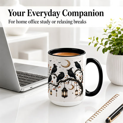 #pl[15oz|Black] Witchy Raven Ceramic Coffee Cup, Mug with Moon Lantern Artwork