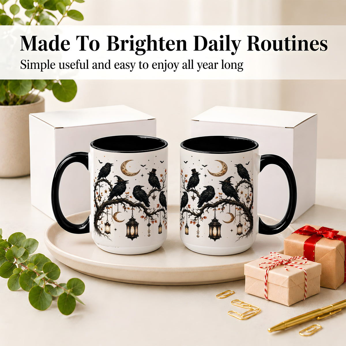 #pl[15oz|Black] Witchy Raven Ceramic Coffee Cup, Mug with Moon Lantern Artwork