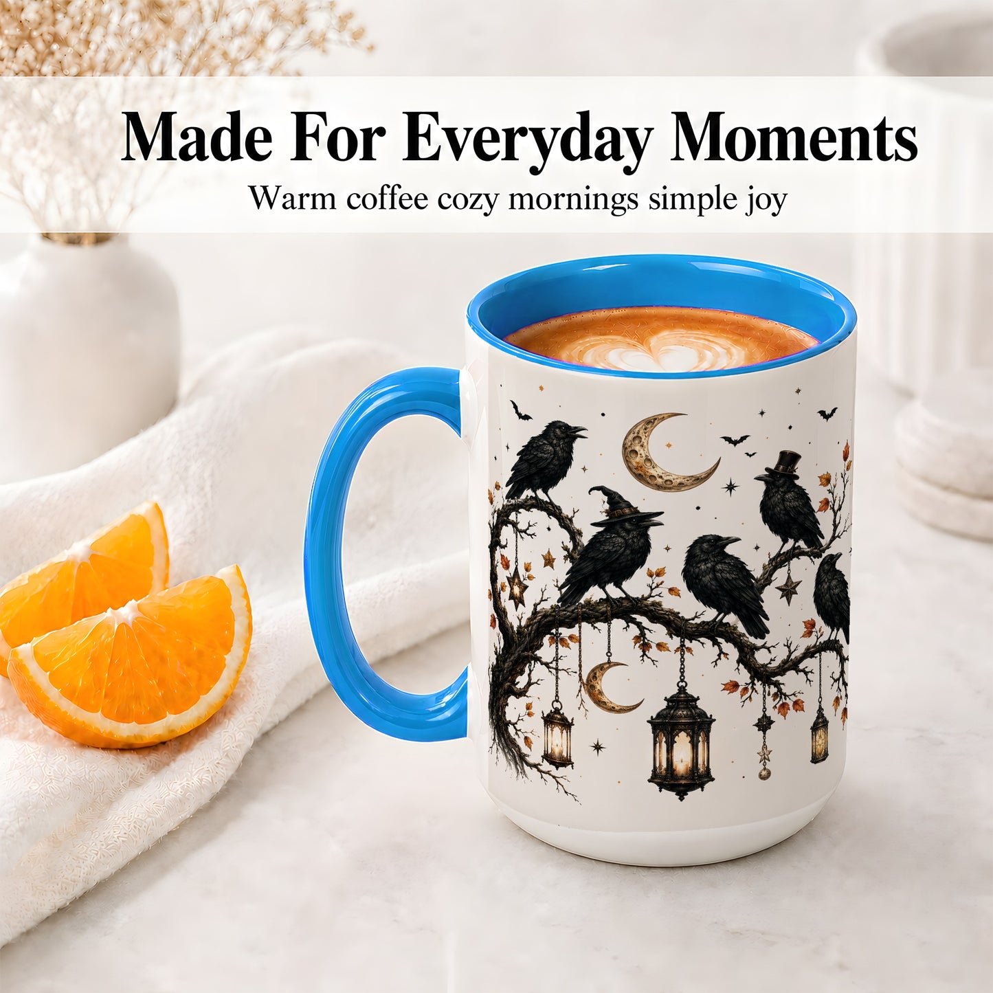 #pl[15oz|Blue] Witchy Raven Ceramic Coffee Cup, Mug with Moon Lantern Artwork