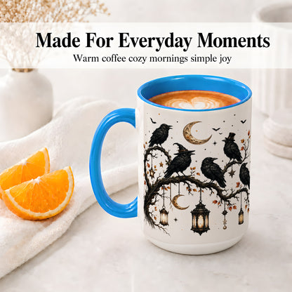 #pl[15oz|Blue] Witchy Raven Ceramic Coffee Cup, Mug with Moon Lantern Artwork