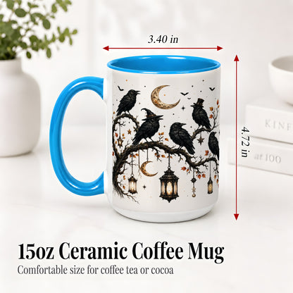 #pl[15oz|Blue] Witchy Raven Ceramic Coffee Cup, Mug with Moon Lantern Artwork