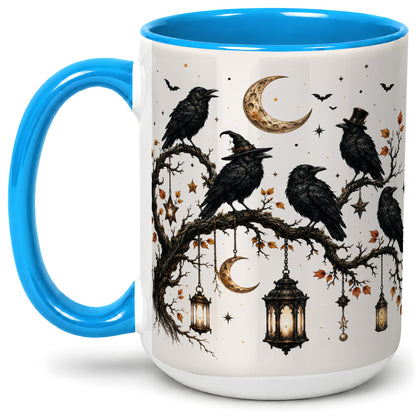 #pl[15oz|Blue] Witchy Raven Ceramic Coffee Cup, Mug with Moon Lantern Artwork