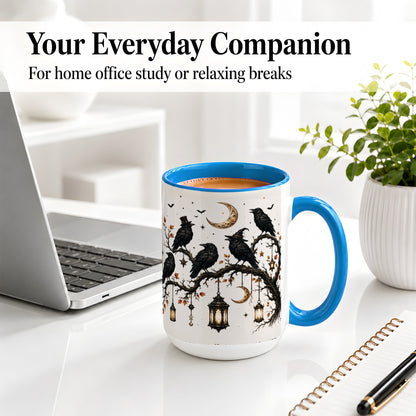 #pl[15oz|Blue] Witchy Raven Ceramic Coffee Cup, Mug with Moon Lantern Artwork