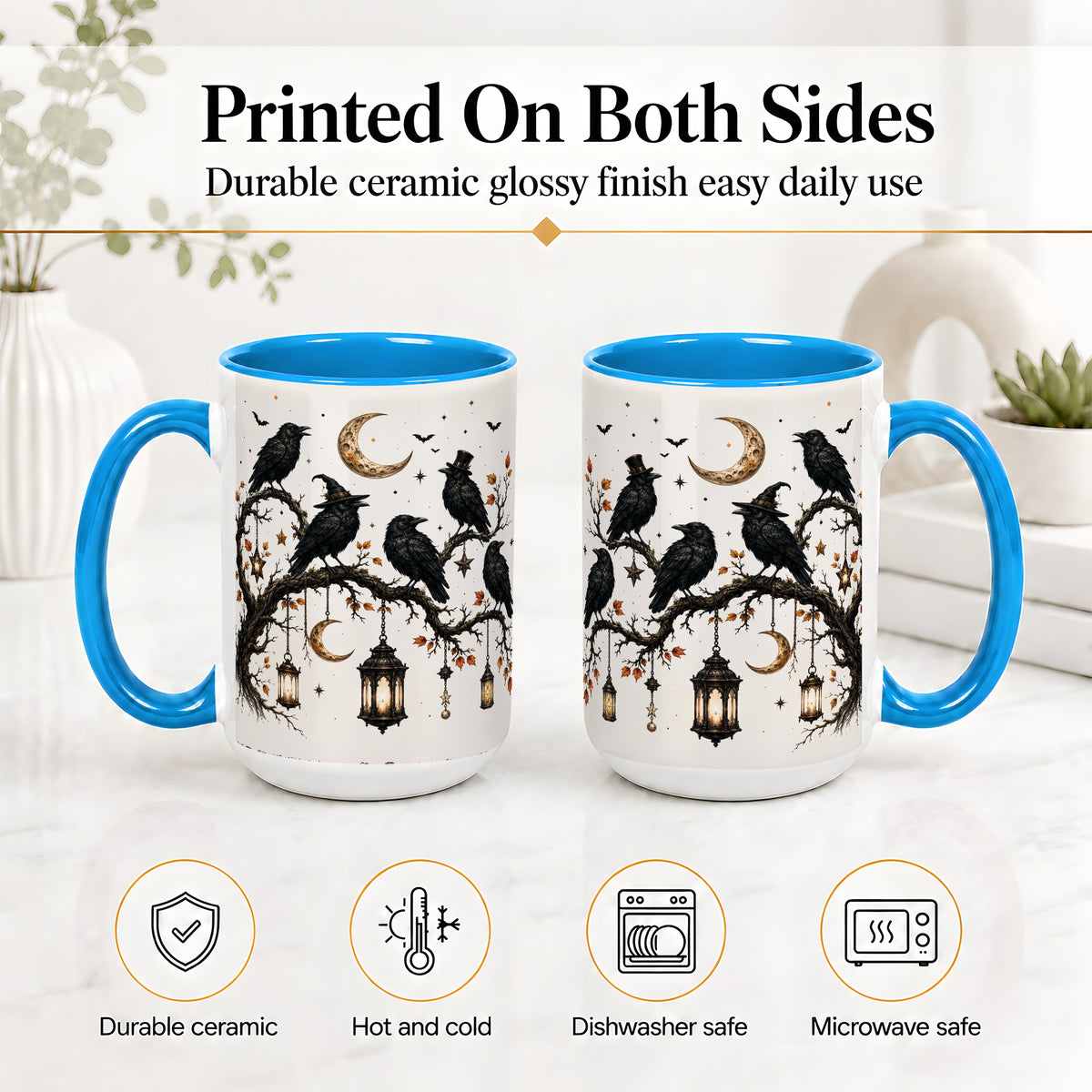 #pl[15oz|Blue] Witchy Raven Ceramic Coffee Cup, Mug with Moon Lantern Artwork