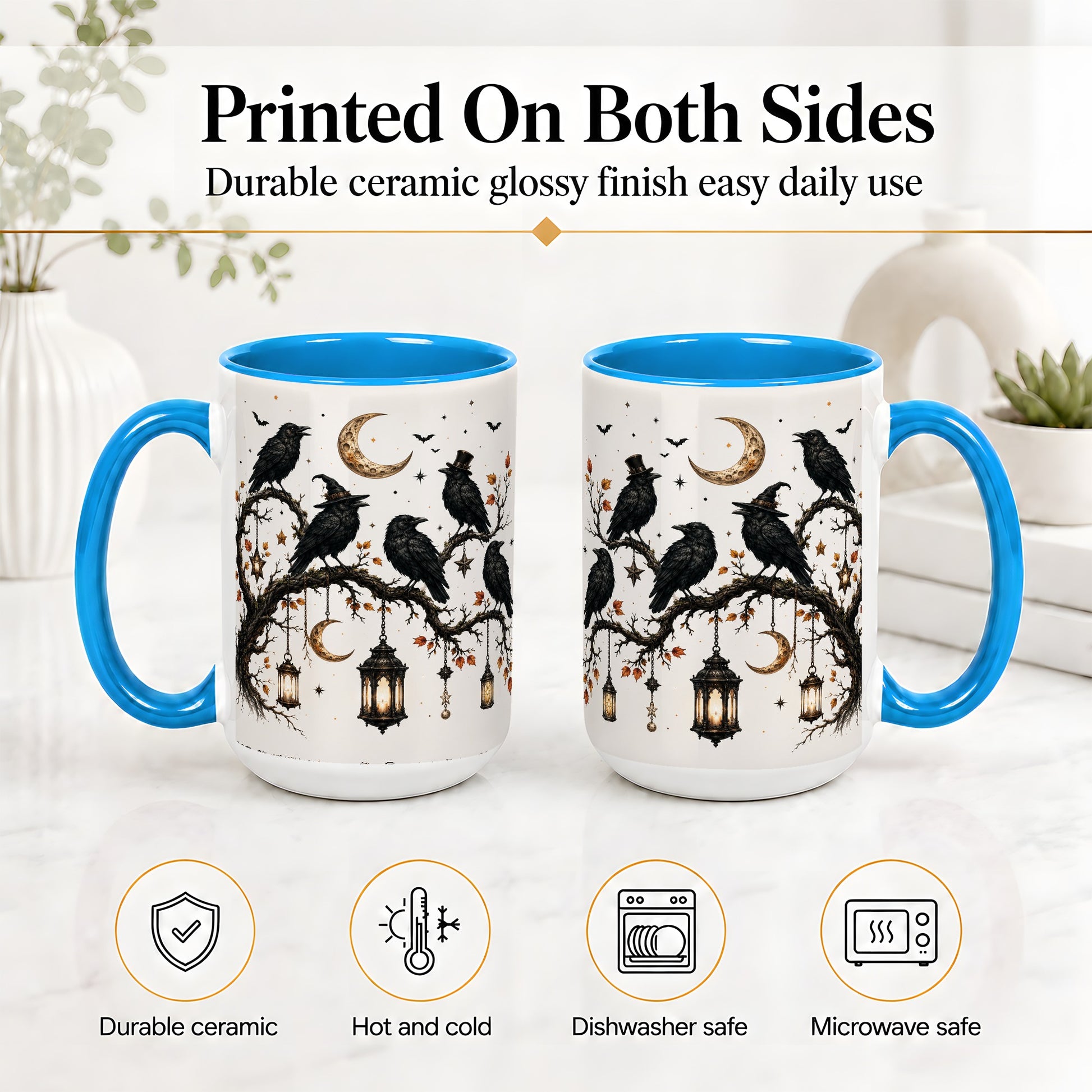 #pl[15oz|Blue] Witchy Raven Ceramic Coffee Cup, Mug with Moon Lantern Artwork