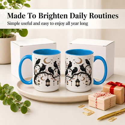 #pl[15oz|Blue] Witchy Raven Ceramic Coffee Cup, Mug with Moon Lantern Artwork