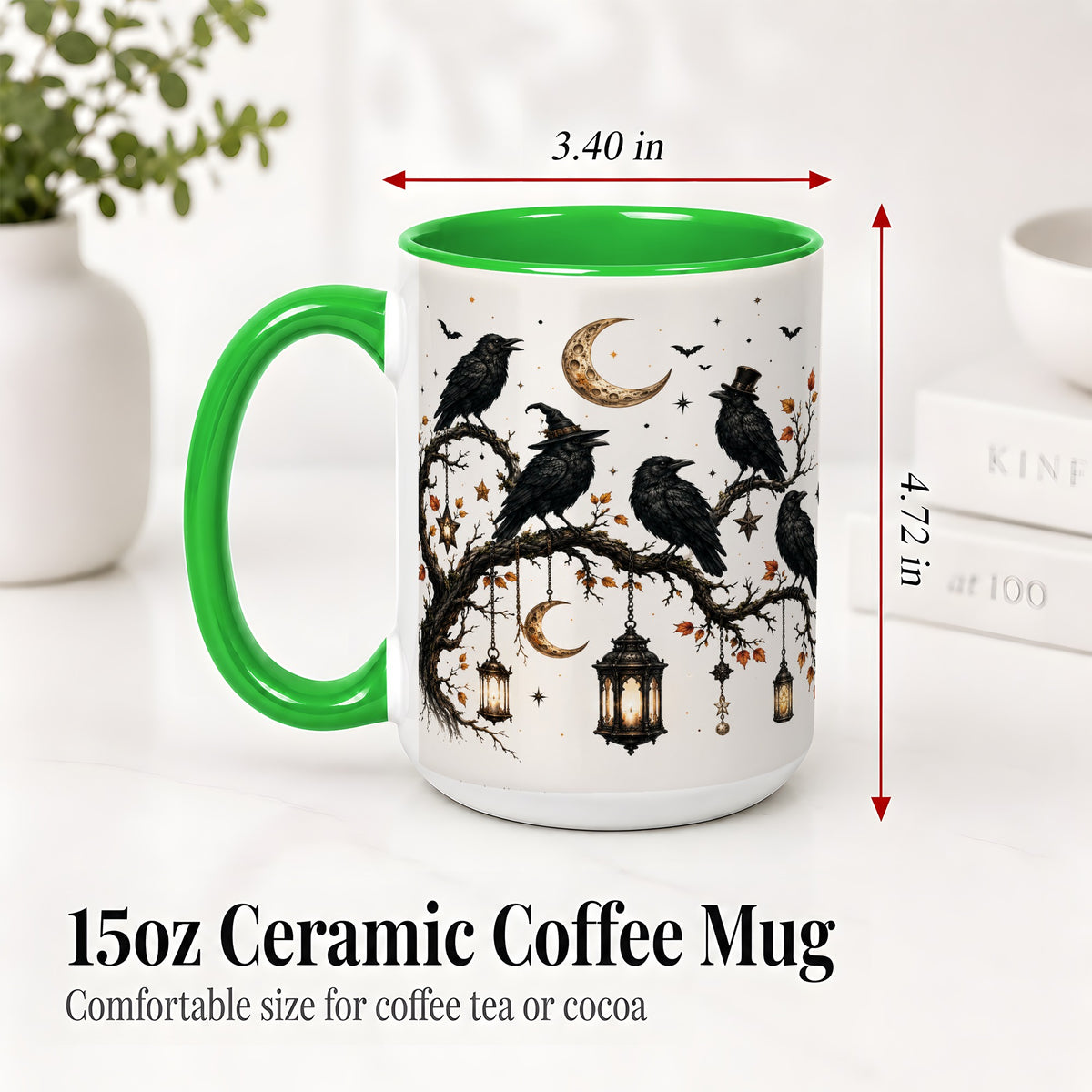 #pl[15oz|Green] Witchy Raven Ceramic Coffee Cup, Mug with Moon Lantern Artwork