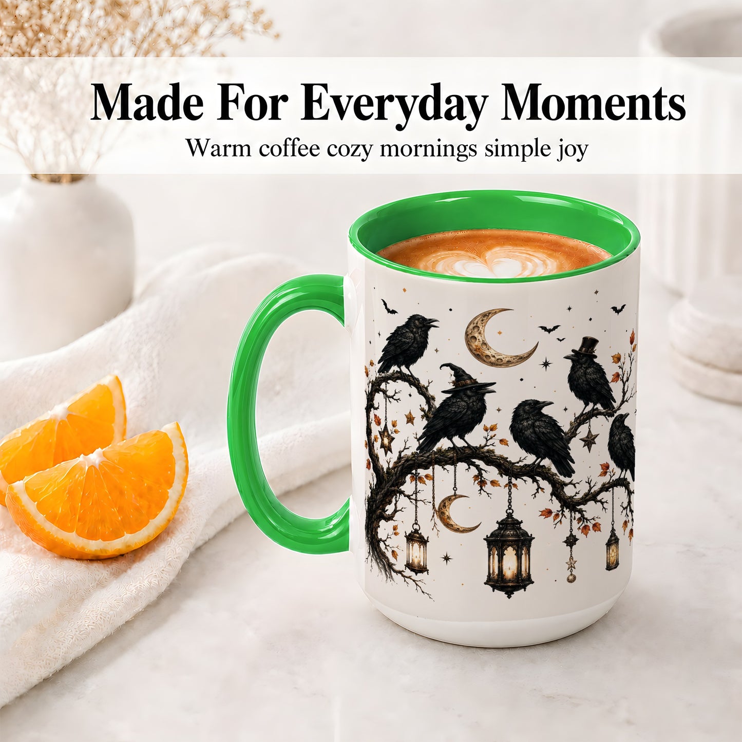 #pl[15oz|Green] Witchy Raven Ceramic Coffee Cup, Mug with Moon Lantern Artwork