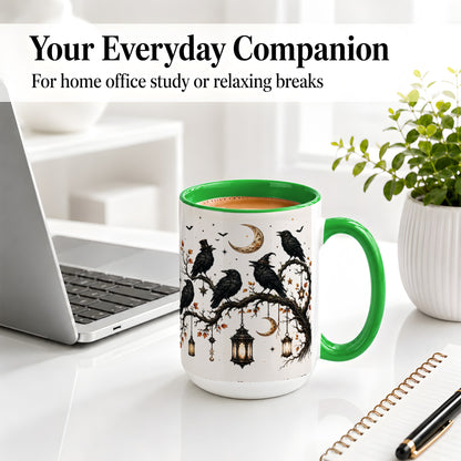 #pl[15oz|Green] Witchy Raven Ceramic Coffee Cup, Mug with Moon Lantern Artwork