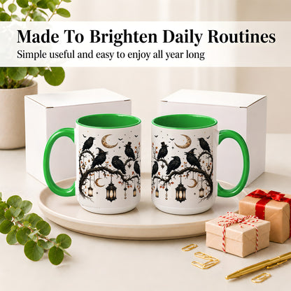 #pl[15oz|Green] Witchy Raven Ceramic Coffee Cup, Mug with Moon Lantern Artwork