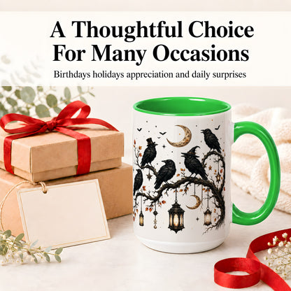 #pl[15oz|Green] Witchy Raven Ceramic Coffee Cup, Mug with Moon Lantern Artwork