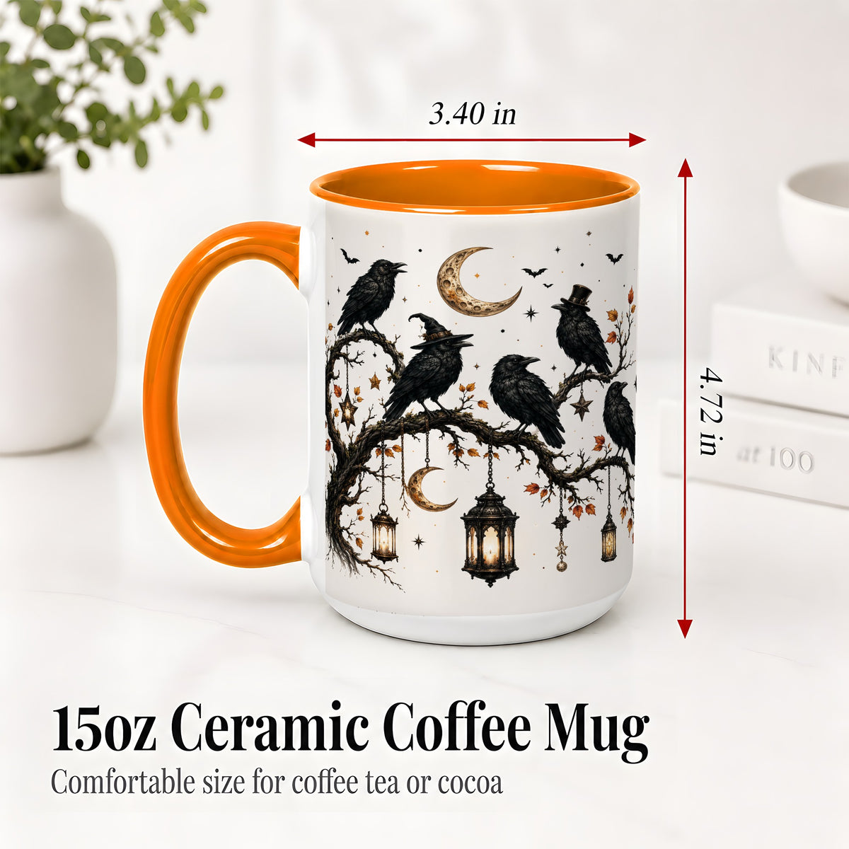 #pl[15oz|Orange] Witchy Raven Ceramic Coffee Cup, Mug with Moon Lantern Artwork