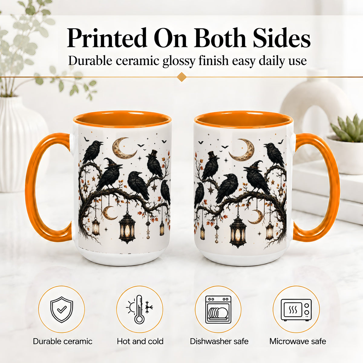 #pl[15oz|Orange] Witchy Raven Ceramic Coffee Cup, Mug with Moon Lantern Artwork