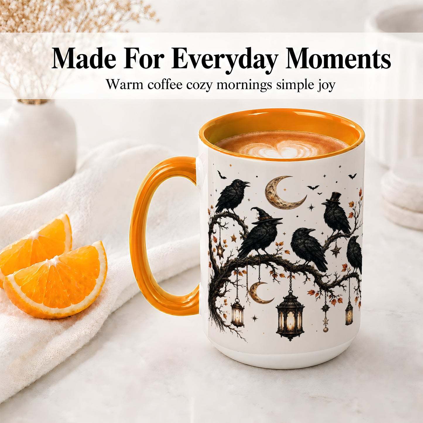 #pl[15oz|Orange] Witchy Raven Ceramic Coffee Cup, Mug with Moon Lantern Artwork