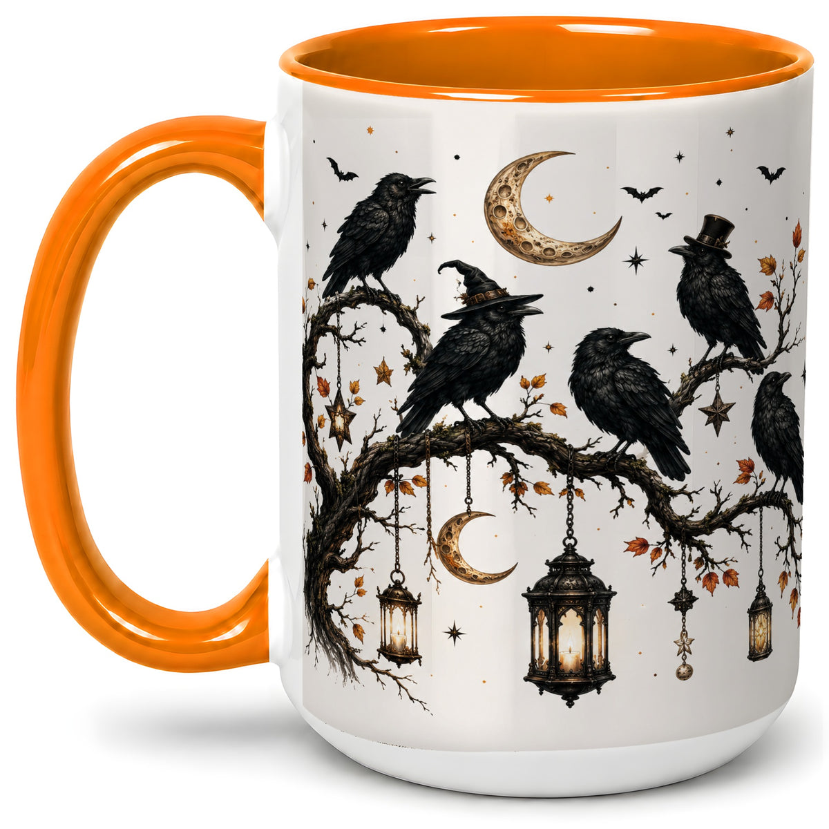 #pl[15oz|Orange] Witchy Raven Ceramic Coffee Cup, Mug with Moon Lantern Artwork