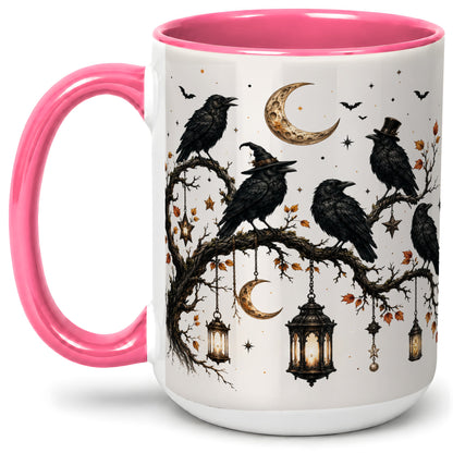 #pl[15oz|Pink] Witchy Raven Ceramic Coffee Cup, Mug with Moon Lantern Artwork