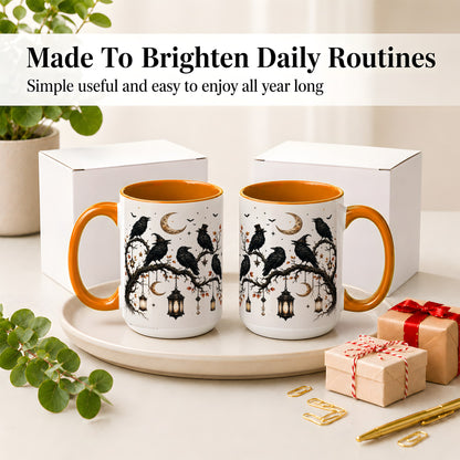 #pl[15oz|Orange] Witchy Raven Ceramic Coffee Cup, Mug with Moon Lantern Artwork