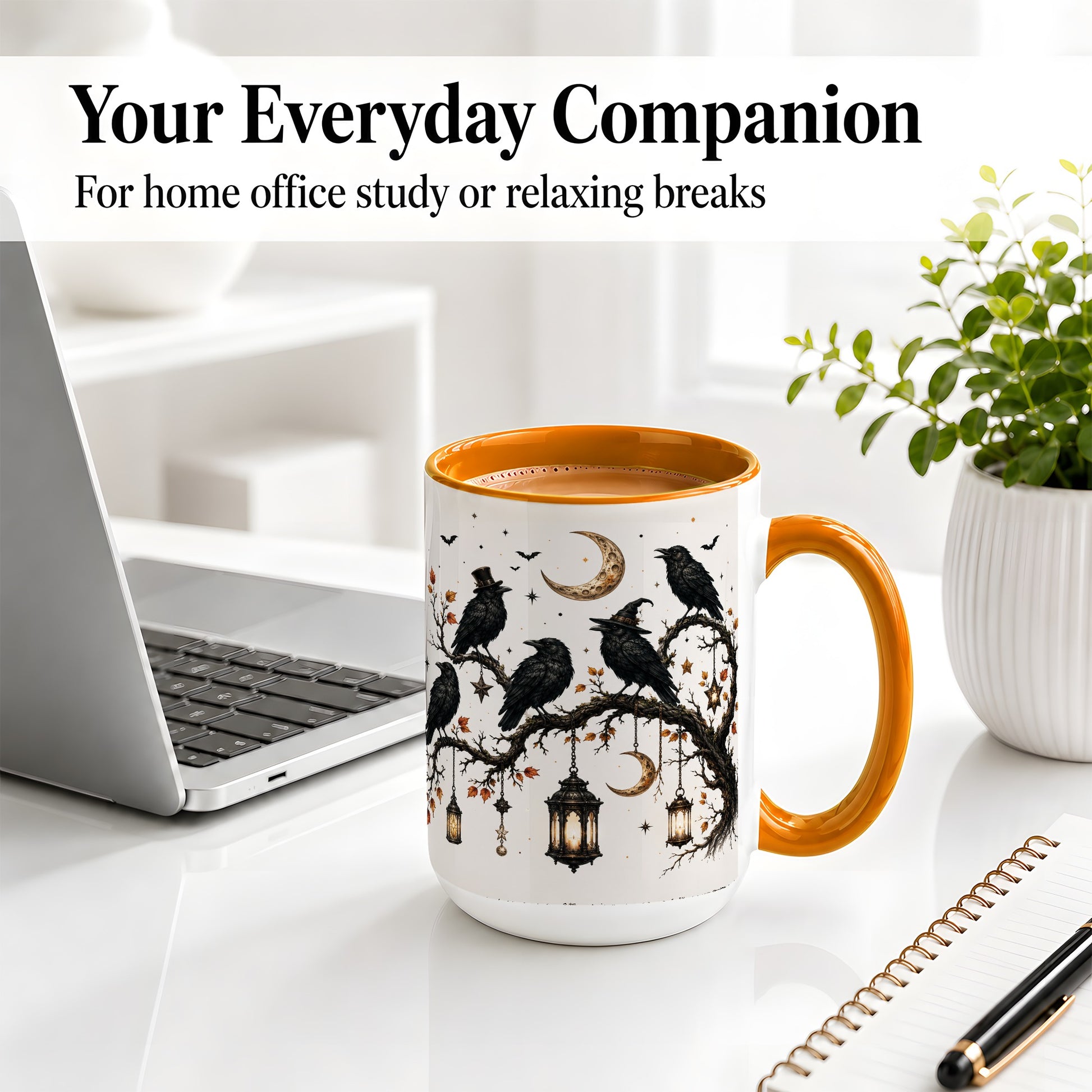 #pl[15oz|Orange] Witchy Raven Ceramic Coffee Cup, Mug with Moon Lantern Artwork