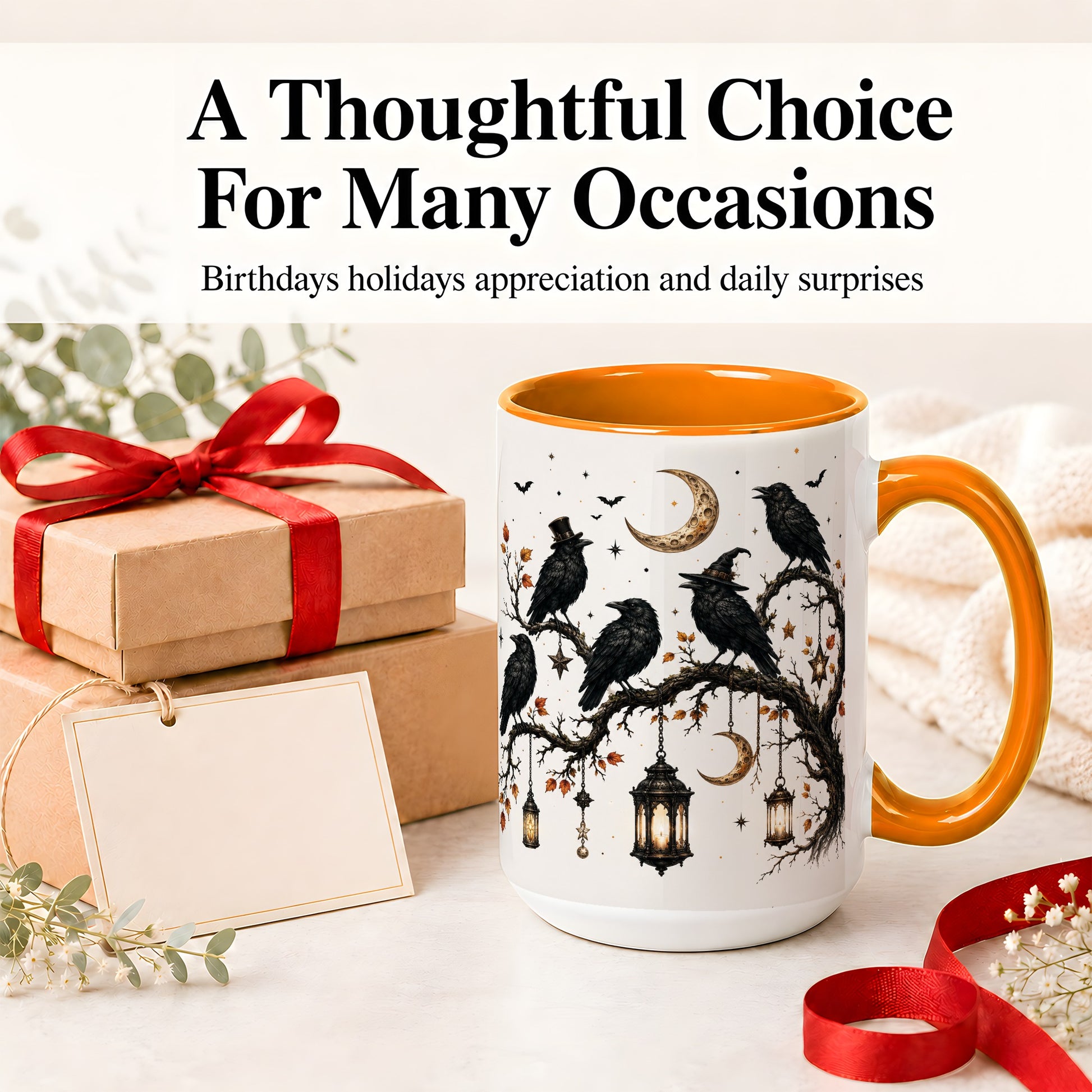#pl[15oz|Orange] Witchy Raven Ceramic Coffee Cup, Mug with Moon Lantern Artwork