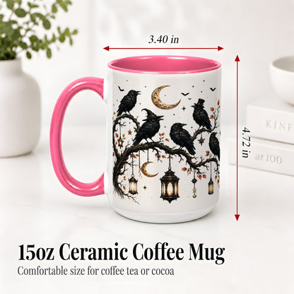 #pl[15oz|Pink] Witchy Raven Ceramic Coffee Cup, Mug with Moon Lantern Artwork