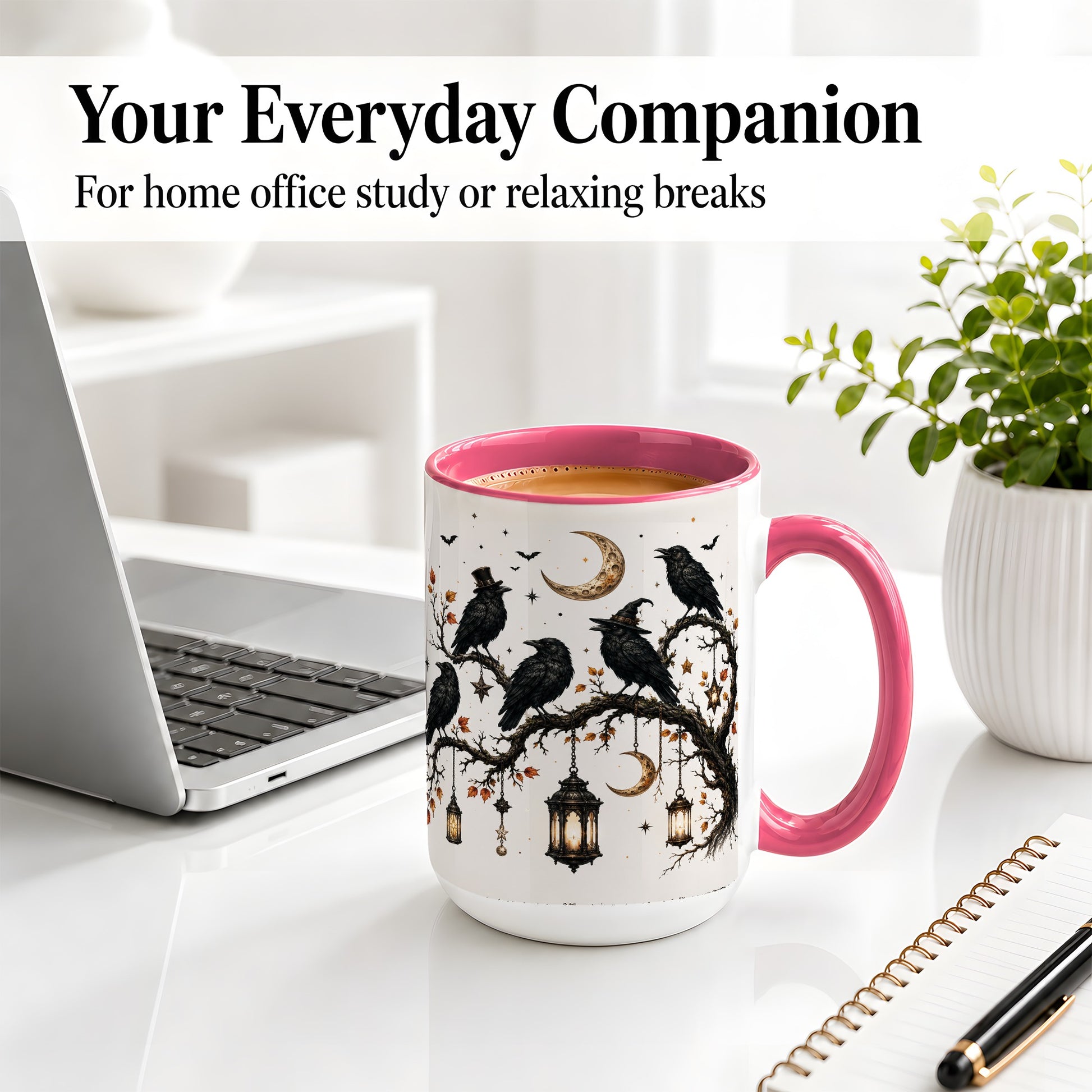 #pl[15oz|Pink] Witchy Raven Ceramic Coffee Cup, Mug with Moon Lantern Artwork