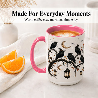 #pl[15oz|Pink] Witchy Raven Ceramic Coffee Cup, Mug with Moon Lantern Artwork