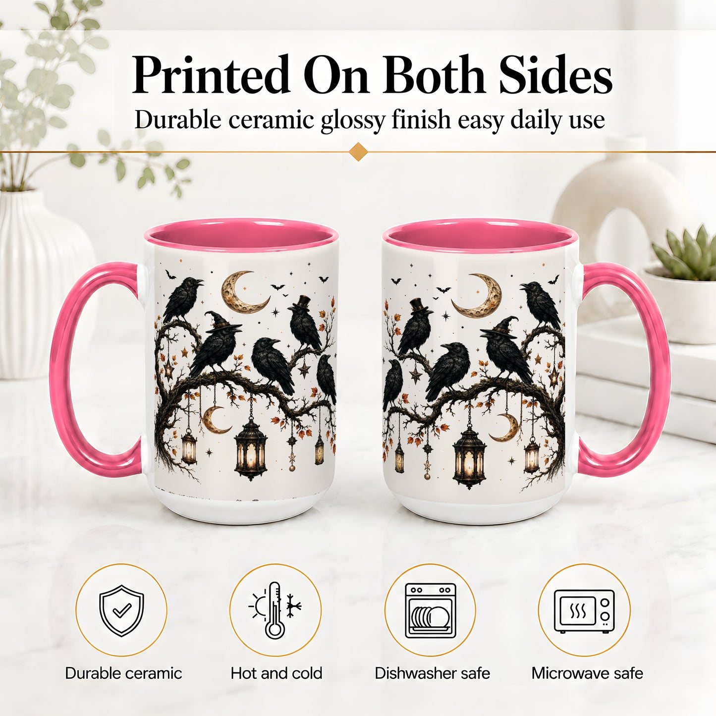 #pl[15oz|Pink] Witchy Raven Ceramic Coffee Cup, Mug with Moon Lantern Artwork