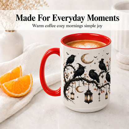 #pl[15oz|Red] Witchy Raven Ceramic Coffee Cup, Mug with Moon Lantern Artwork