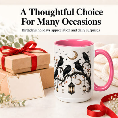 #pl[15oz|Pink] Witchy Raven Ceramic Coffee Cup, Mug with Moon Lantern Artwork