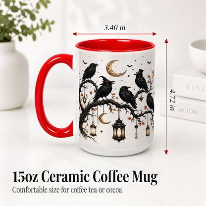 #pl[15oz|Red] Witchy Raven Ceramic Coffee Cup, Mug with Moon Lantern Artwork
