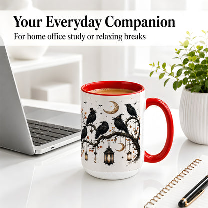 #pl[15oz|Red] Witchy Raven Ceramic Coffee Cup, Mug with Moon Lantern Artwork