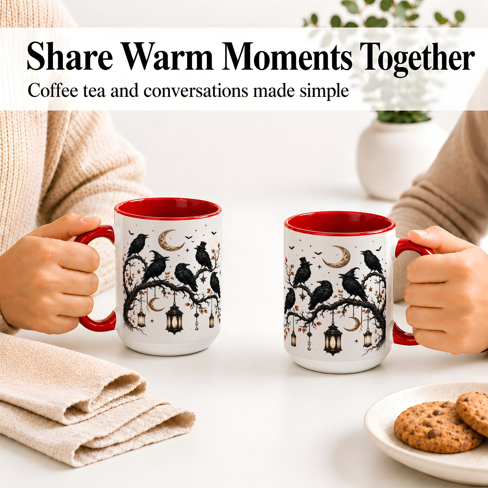 #pl[15oz|Red] Witchy Raven Ceramic Coffee Cup, Mug with Moon Lantern Artwork