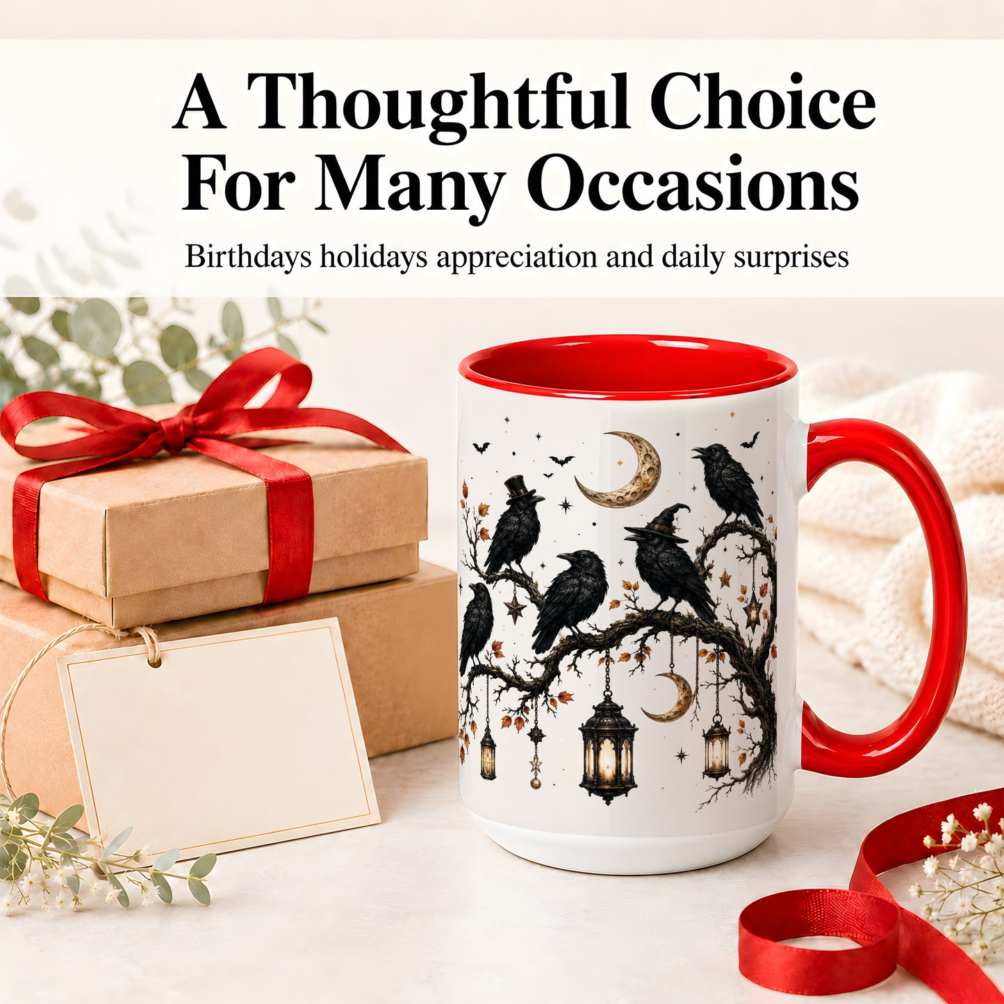 #pl[15oz|Red] Witchy Raven Ceramic Coffee Cup, Mug with Moon Lantern Artwork