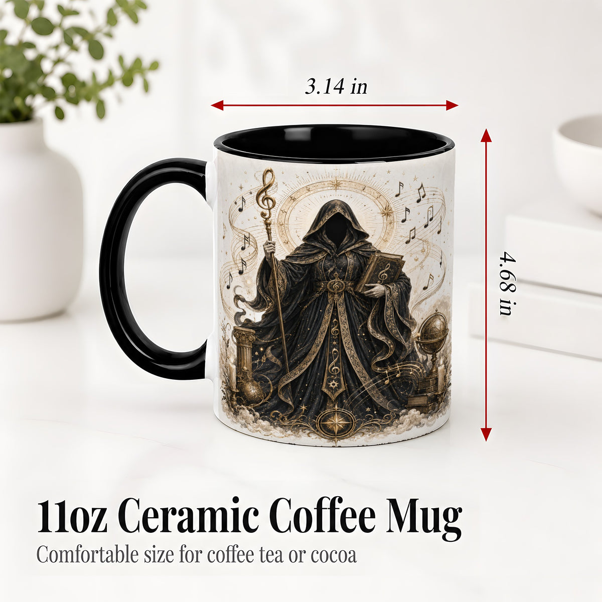 #pl[11oz|Black] Mystic Music Ceramic Coffee Cup, Mug with Hooded Figure Artwork