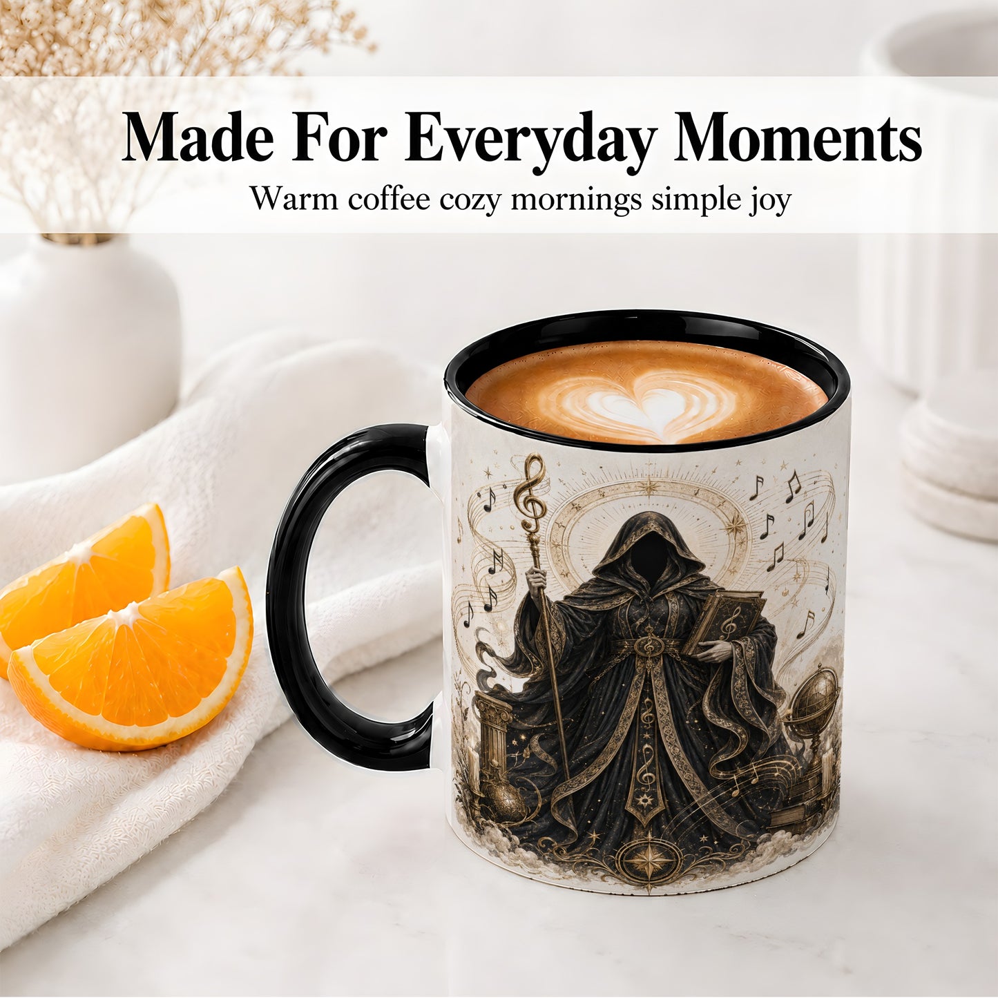 #pl[11oz|Black] Mystic Music Ceramic Coffee Cup, Mug with Hooded Figure Artwork