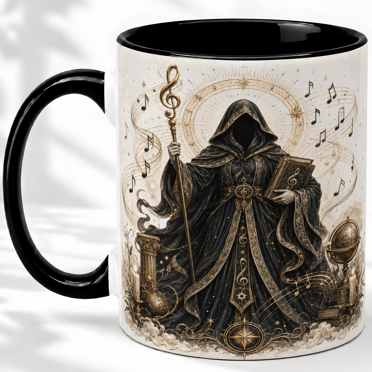 #pl[11oz|Black] Mystic Music Ceramic Coffee Cup, Mug with Hooded Figure Artwork