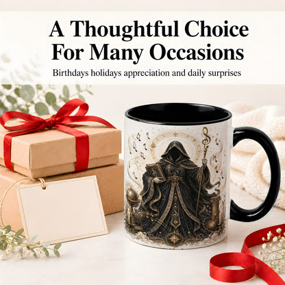 #pl[11oz|Black] Mystic Music Ceramic Coffee Cup, Mug with Hooded Figure Artwork