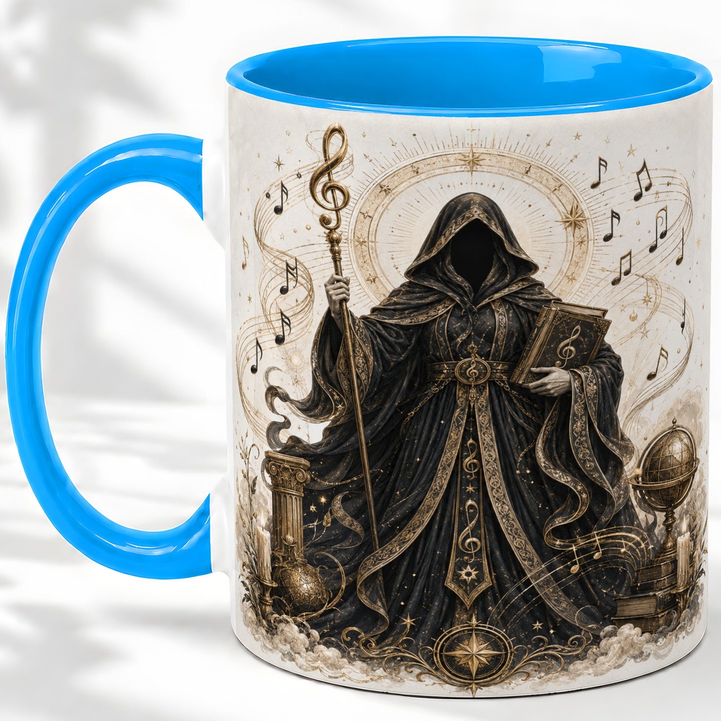 #pl[11oz|Blue] Mystic Music Ceramic Coffee Cup, Mug with Hooded Figure Artwork