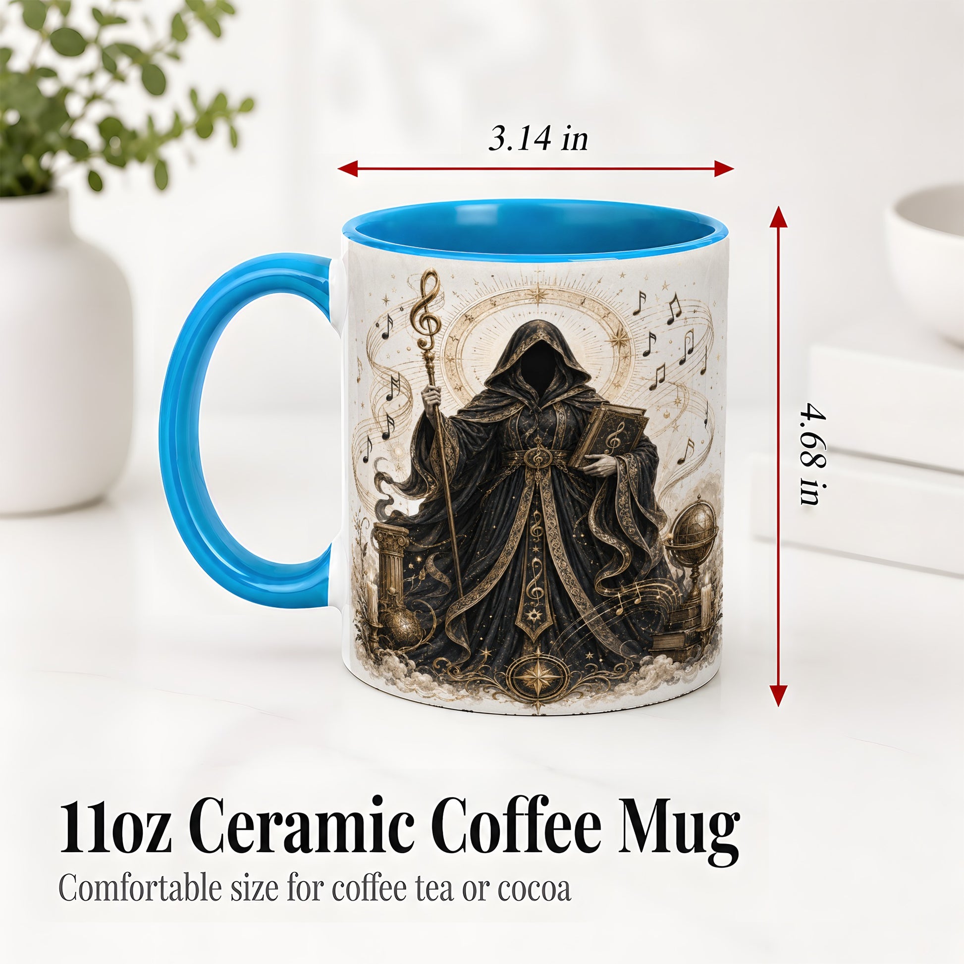 #pl[11oz|Blue] Mystic Music Ceramic Coffee Cup, Mug with Hooded Figure Artwork