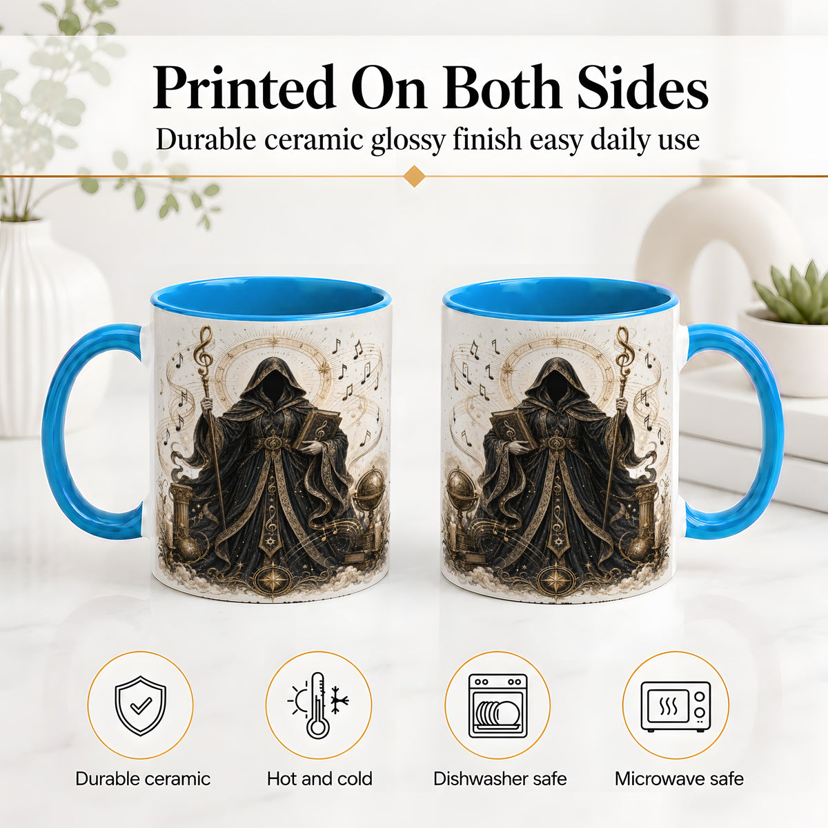 #pl[11oz|Blue] Mystic Music Ceramic Coffee Cup, Mug with Hooded Figure Artwork