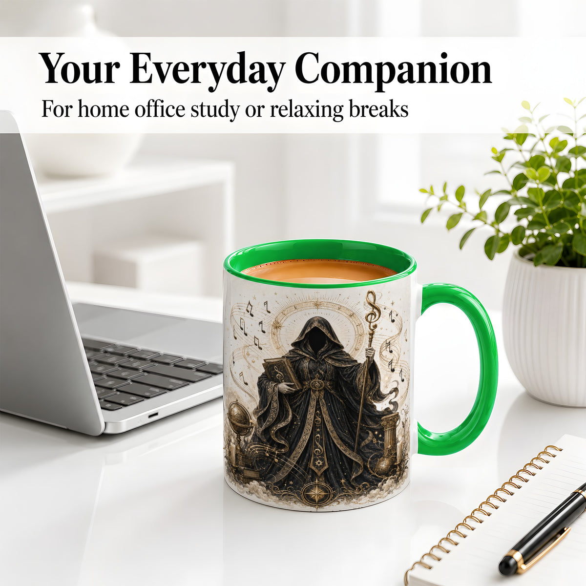 #pl[11oz|Green] Mystic Music Ceramic Coffee Cup, Mug with Hooded Figure Artwork
