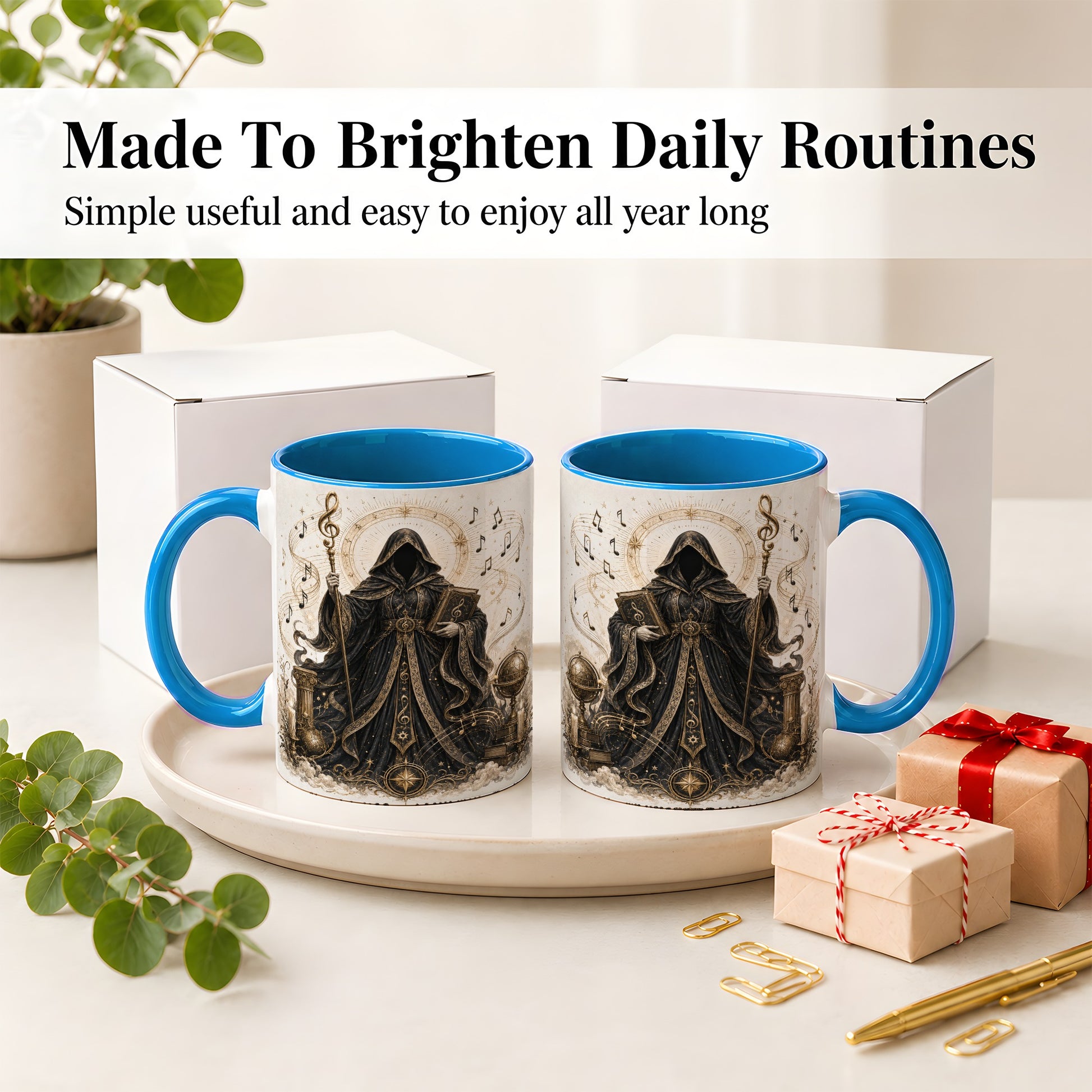 #pl[11oz|Blue] Mystic Music Ceramic Coffee Cup, Mug with Hooded Figure Artwork
