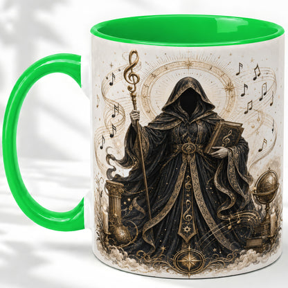 #pl[11oz|Green] Mystic Music Ceramic Coffee Cup, Mug with Hooded Figure Artwork