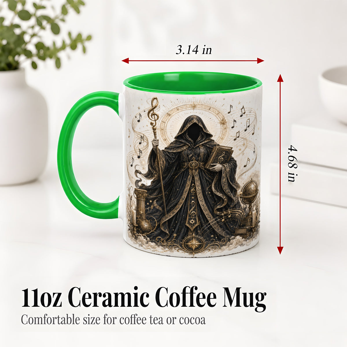 #pl[11oz|Green] Mystic Music Ceramic Coffee Cup, Mug with Hooded Figure Artwork