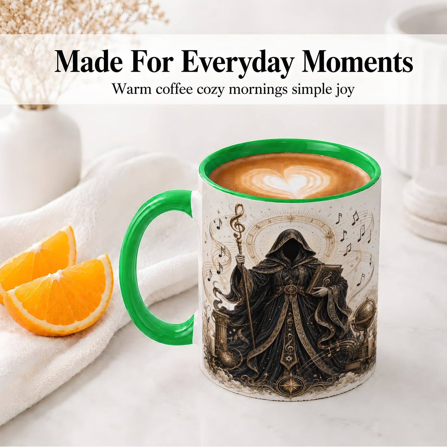 #pl[11oz|Green] Mystic Music Ceramic Coffee Cup, Mug with Hooded Figure Artwork