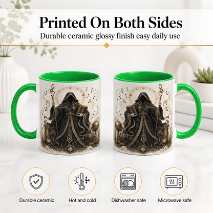 #pl[11oz|Green] Mystic Music Ceramic Coffee Cup, Mug with Hooded Figure Artwork