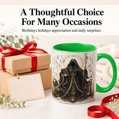 #pl[11oz|Green] Mystic Music Ceramic Coffee Cup, Mug with Hooded Figure Artwork