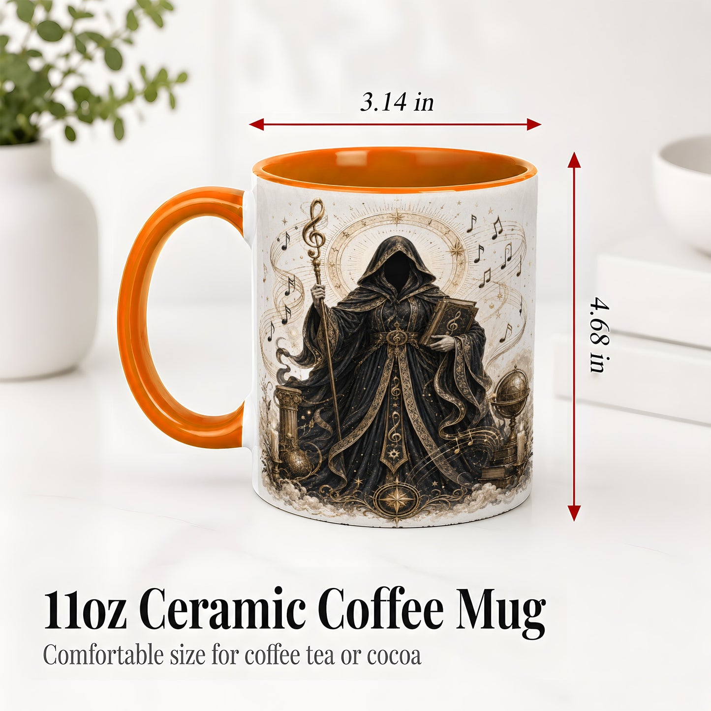 #pl[11oz|Orange] Mystic Music Ceramic Coffee Cup, Mug with Hooded Figure Artwork