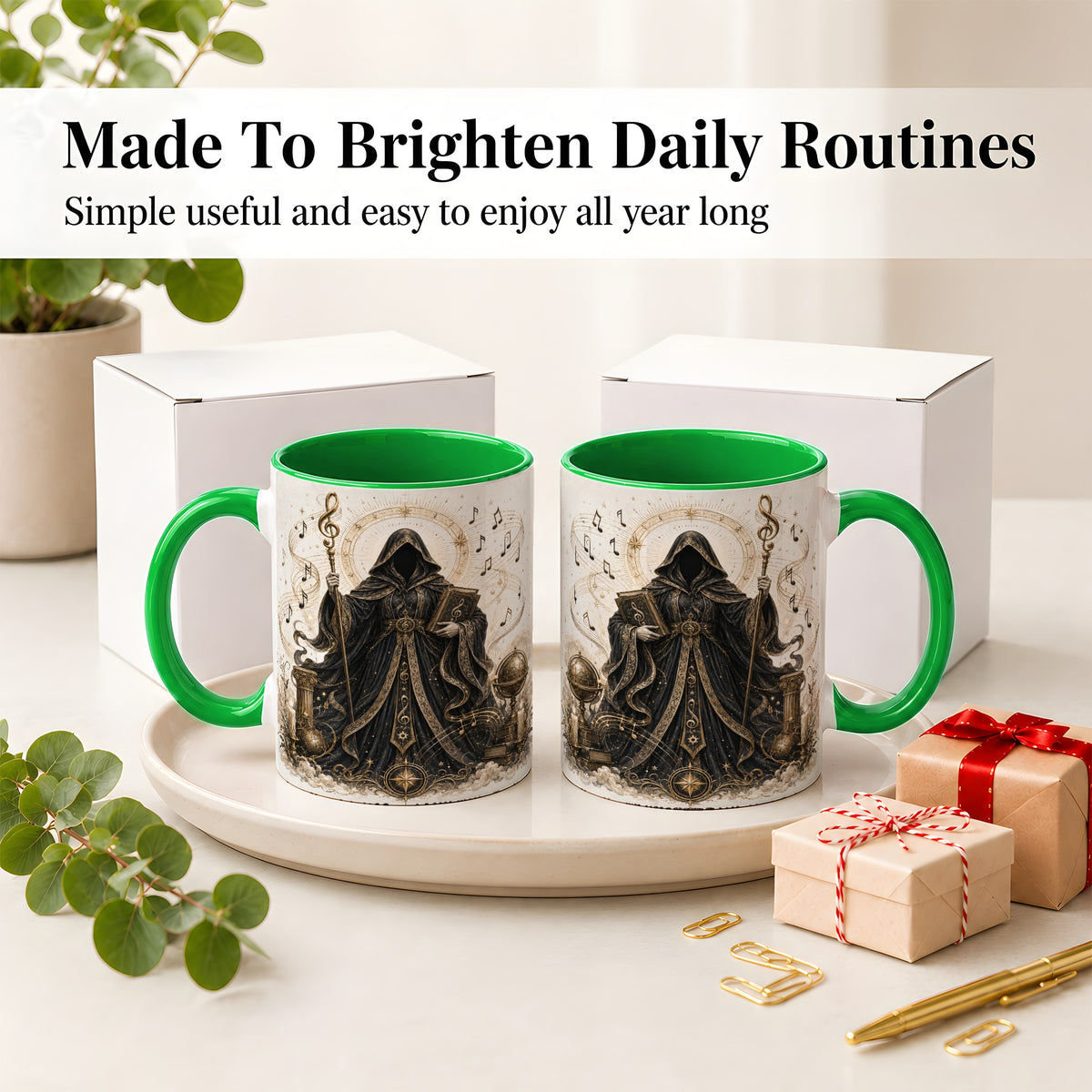 #pl[11oz|Green] Mystic Music Ceramic Coffee Cup, Mug with Hooded Figure Artwork