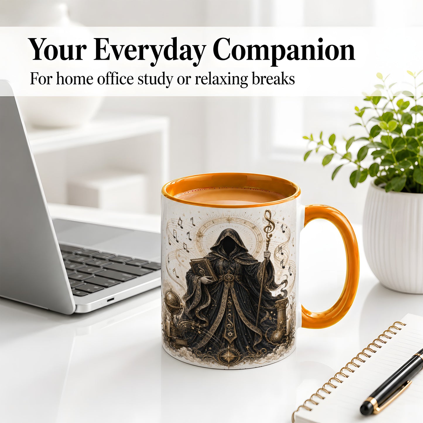 #pl[11oz|Orange] Mystic Music Ceramic Coffee Cup, Mug with Hooded Figure Artwork